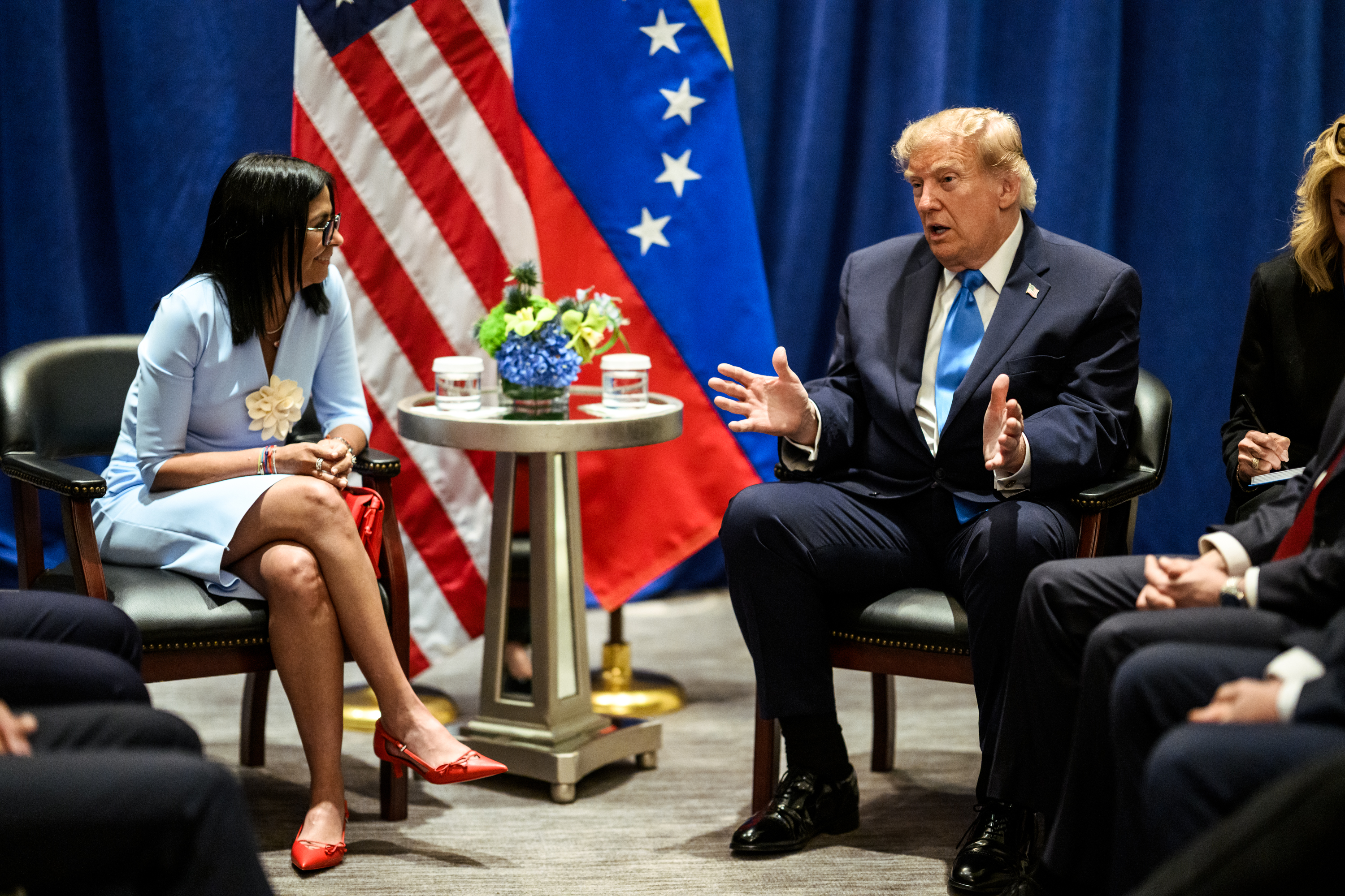 President Donald J. Trump participates in a pull-aside meeting with Acting President Delcy Rodruiguez of Venezuela at the Lotte Palace Hotel in New York City, Tuesday, September 22, 2026. (Official White House Photo by Daniel Torok)