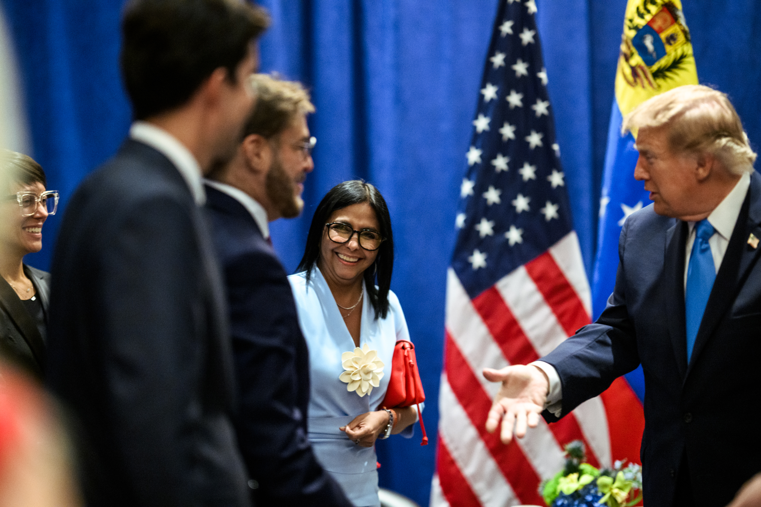President Donald J. Trump participates in a pull-aside meeting with Acting President Delcy Rodruiguez of Venezuela at the Lotte Palace Hotel in New York City, Tuesday, September 22, 2026. (Official White House Photo by Daniel Torok)