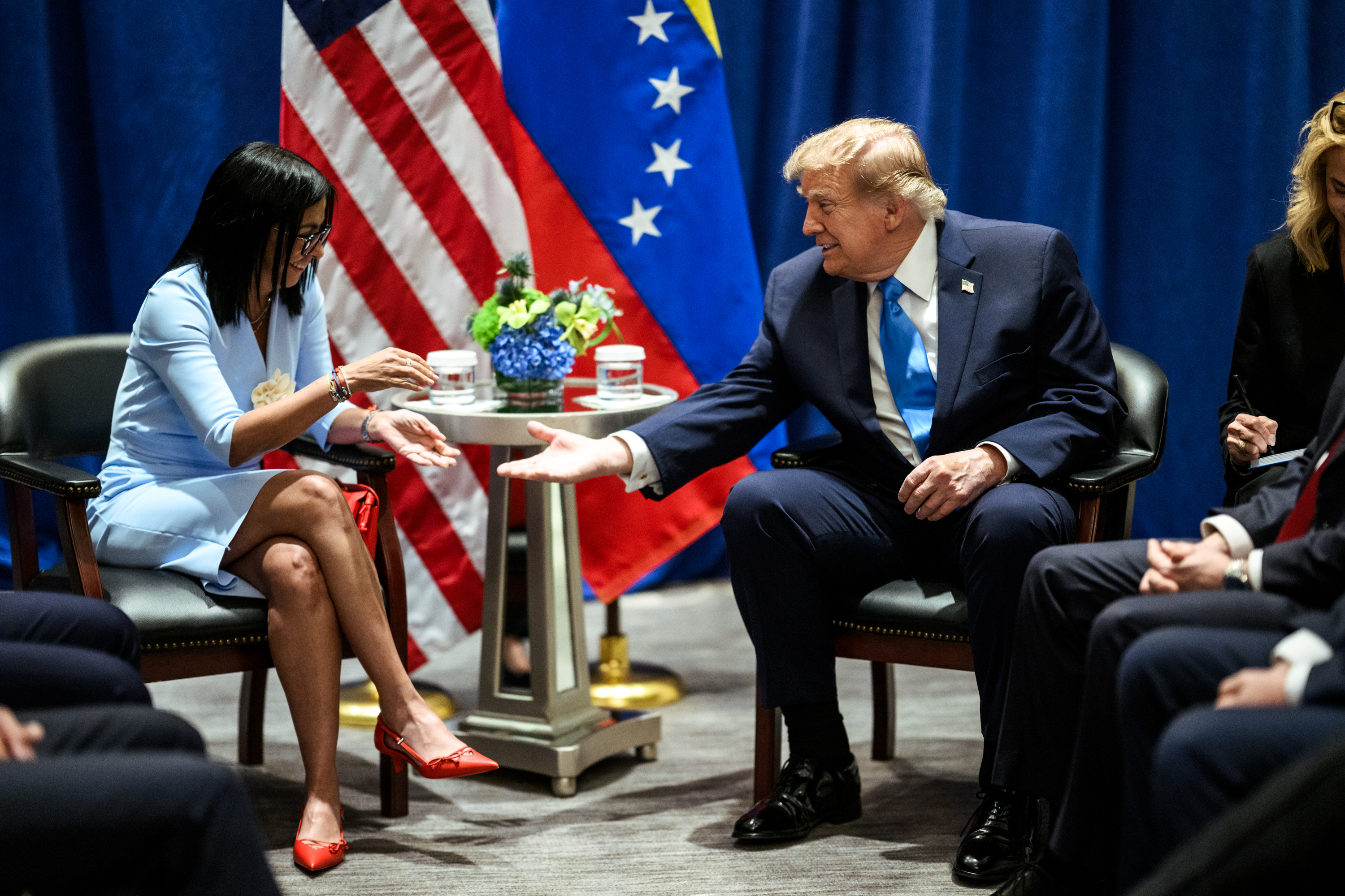 President Donald J. Trump participates in a pull-aside meeting with Acting President Delcy Rodruiguez of Venezuela at the Lotte Palace Hotel in New York City, Tuesday, September 22, 2026. (Official White House Photo by Daniel Torok)