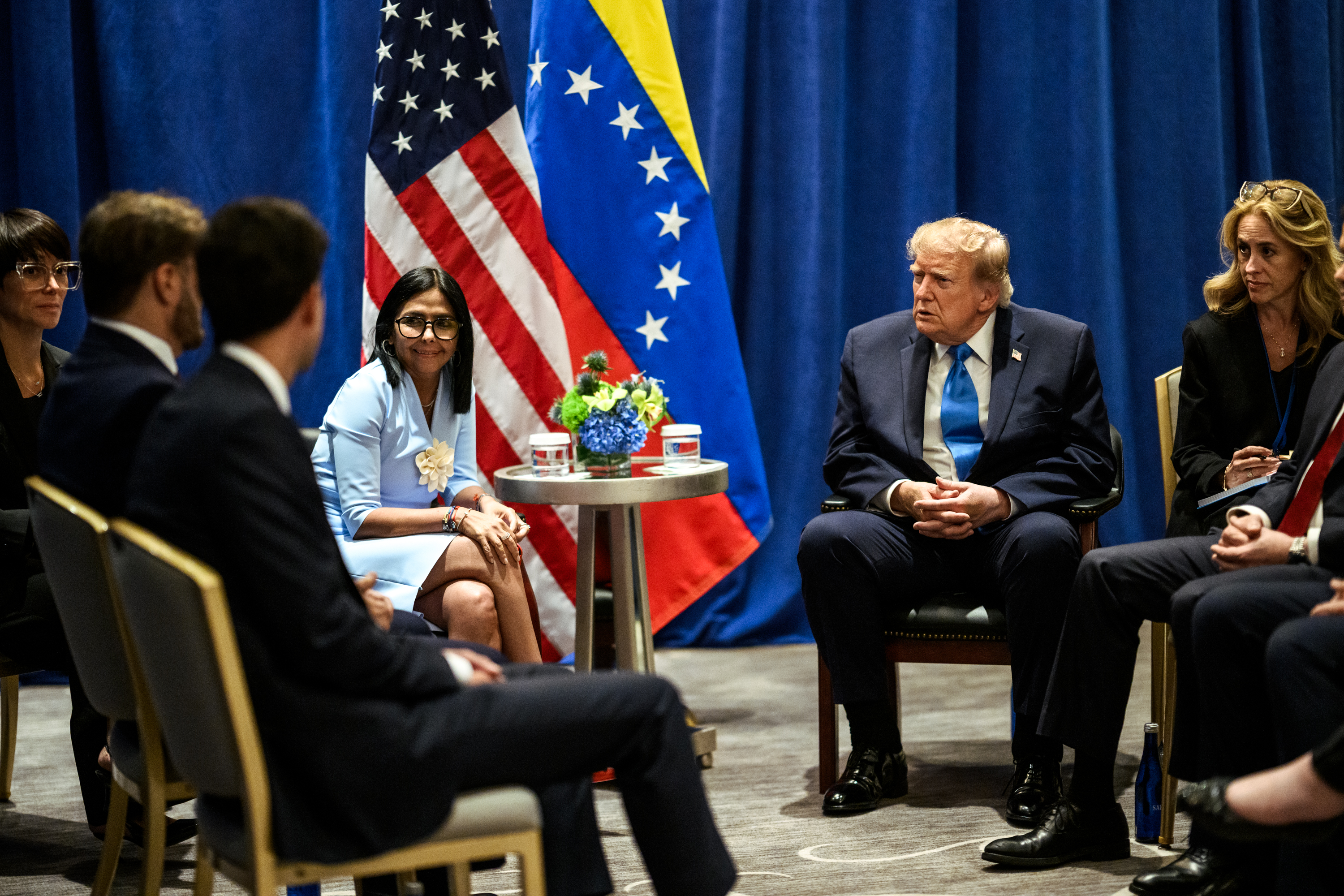 President Donald J. Trump participates in a pull-aside meeting with Acting President Delcy Rodruiguez of Venezuela at the Lotte Palace Hotel in New York City, Tuesday, September 22, 2026. (Official White House Photo by Daniel Torok)